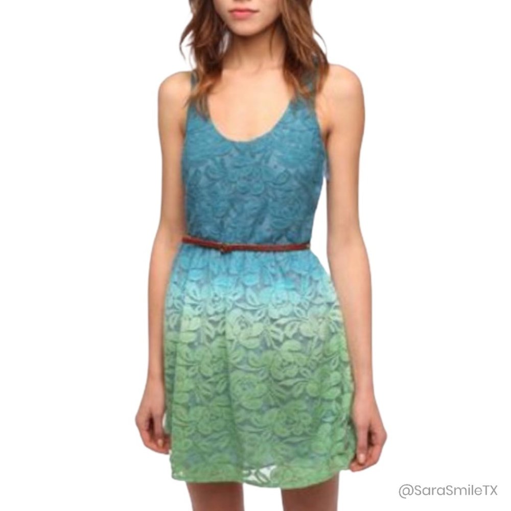 URBAN OUTFITTERS -PINS AND NEEDLES- Blue Green Ombre Lace Sheer Back Mini Dress